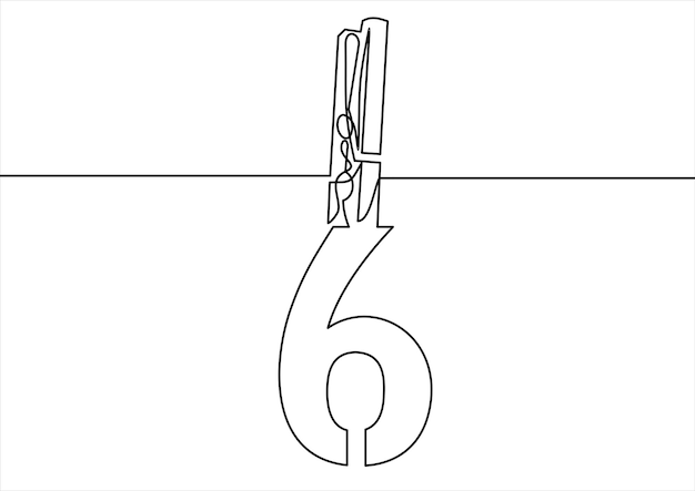 Clip wooden peg with numbers 6continuous line drawing