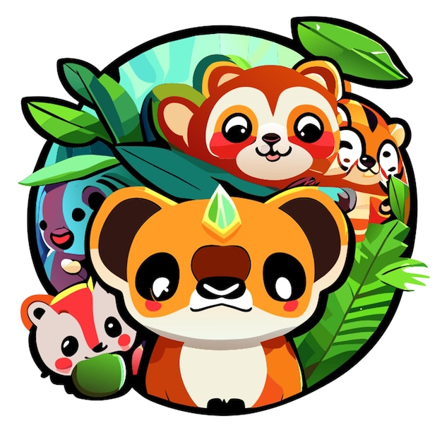 clipart of adorable mix forest animal like monkeyelephat panda and tiger stickermany face expression