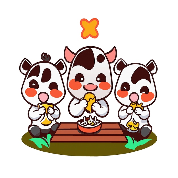 Vector clipart artwork of cute cow characters eating grass 135