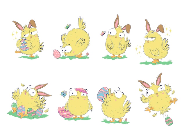 부활절 달걀과 낙서 스케치 스타일의 토끼 귀를 가진 재미있는 병아리의 클립 아트 컬렉션 손으로 그린 귀여운 치킨 세트