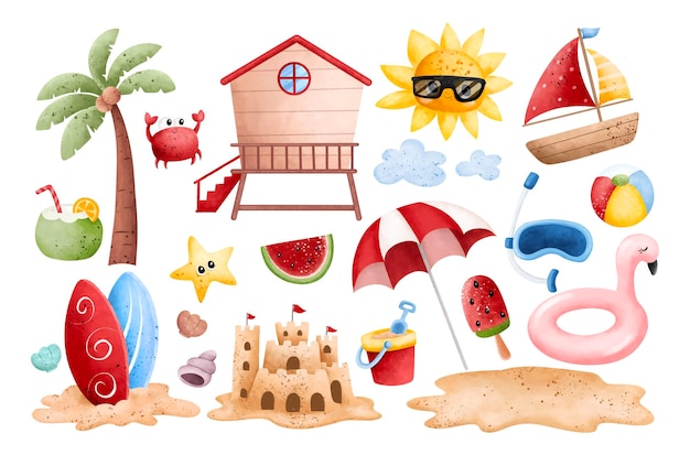 Vector clipart collection of watercolor illustrations for a summer vacation