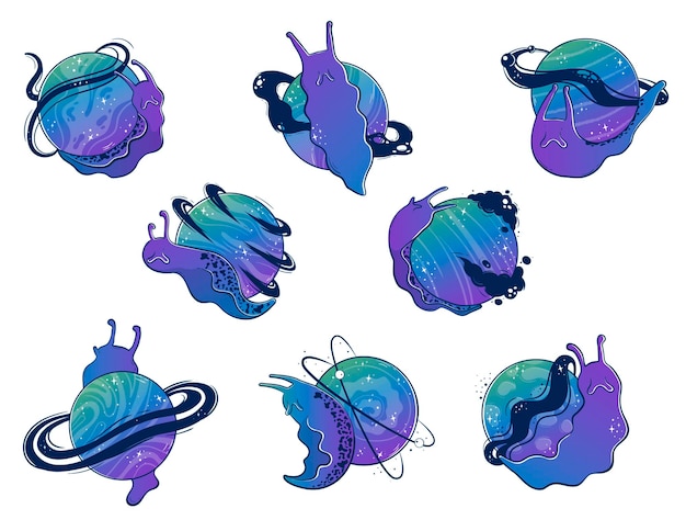 Clipart collection with Mystical slug snails with a space planet instead of a shellhouse