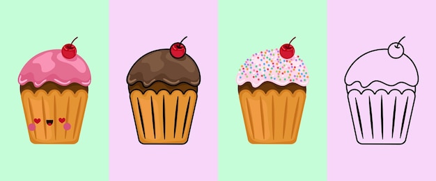 Vettore clipart cupcake multicolore e bianco e nero. torta carina con clip art.