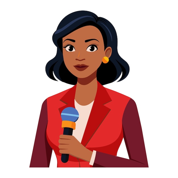 Vector clipart features a professional woman reporter holding a microphone