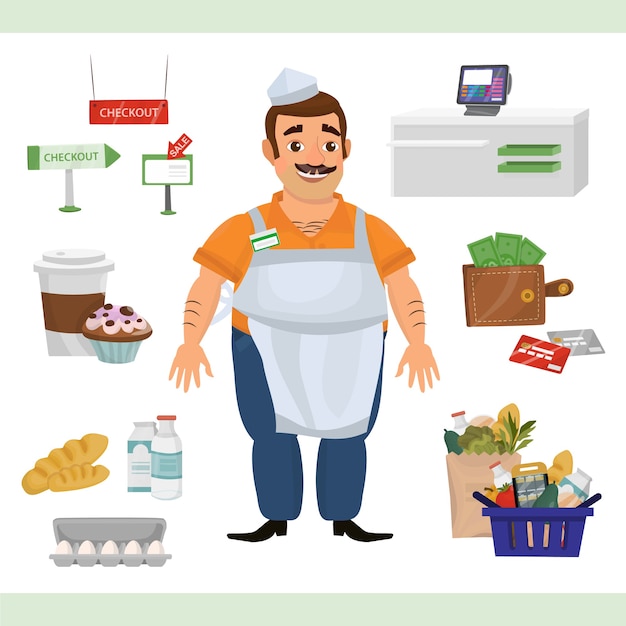 Клипарт иллюстрация с человеком как кассир и объекты супермаркета