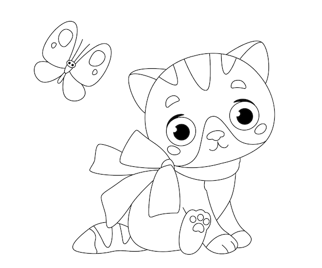 Vector clipart kitten and butterfly for coloring black and white linear image of an animal and an insect children's picture british cat vector line