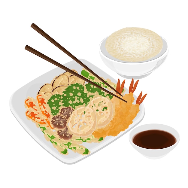 Clipart klaar om te eten Tempura garnalen en Tempura groenten of Kakiage met rijst en soja saus