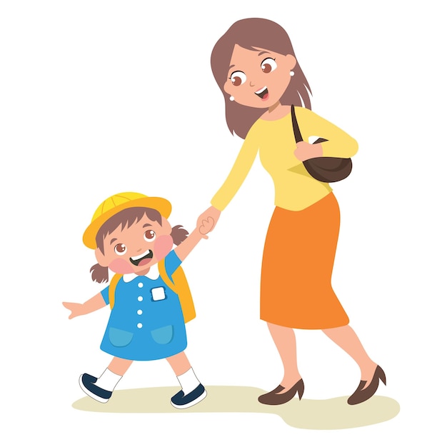 Vettore clipart di una madre e una figlia che si tengono per mano a scuola happy mothers day vector file