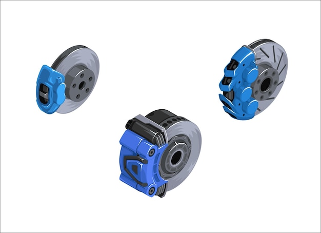 Вектор Клипарт тормозных дисков набор тормозов в изометрии игровой стиль разные тормоза деталь ступицы колеса