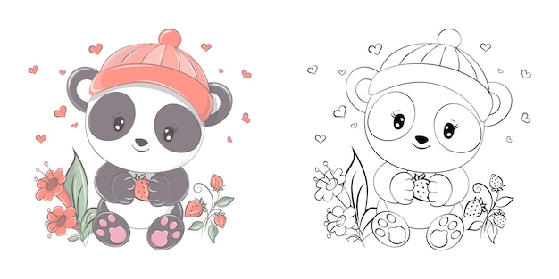 Clipart Panda Multicolored and Black and White.  Cute Animal Illustration with Strawberry.