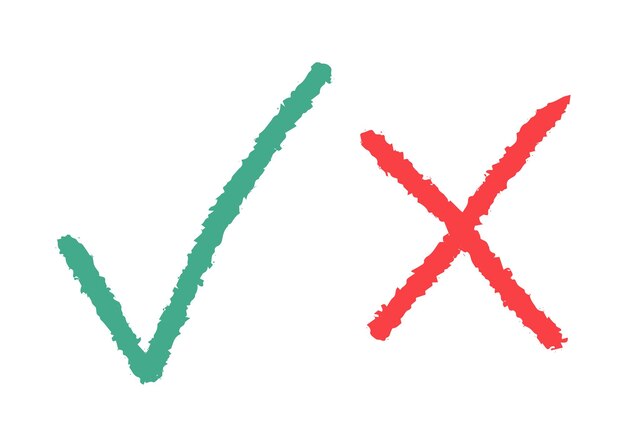Clipart potlood set groen vinkje en rood kruis geïsoleerd op witte achtergrond Vector dik gestructureerd