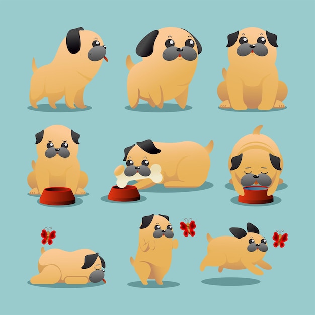 Clipart set of cute and adorable cartoon pug dog vector illustrations