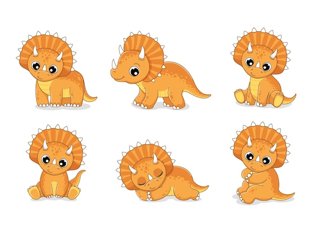 Клипарт набор милых маленьких динозавров трицераптор в разных позах векторная иллюстрация в мультяшном стиле