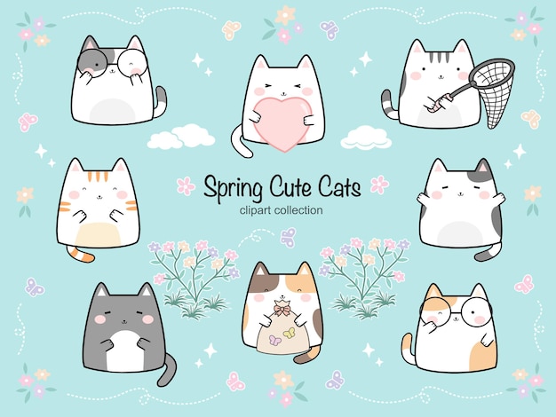 Набор весенних клипартов с кавайным милым котом. Плоская векторная иллюстрация . Наклейки с кошками. дизайн
