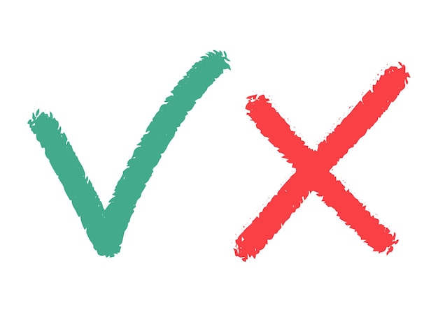Clipart set van groene checkmark en rood kruis geïsoleerd op witte achtergrond Vector elementen getekend