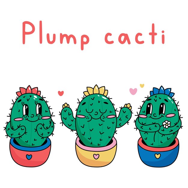Vector clipart set van schattige cactus personages in een pot