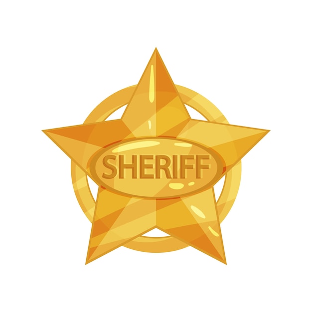 Clipart of sheriff s vintage golden star with circle and inscription. Bright policeman badge. Police icon in cartoon style. Public safety. Flat design vector illustration isolated on white background.