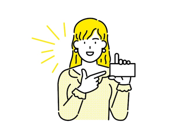 Clipart of a woman in yellow clothes and yellow hair holding a yellow blank advertising banner card