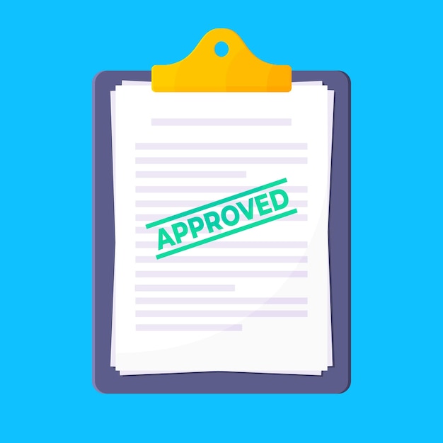 Clipboard with approved claim or credit loan form on it paper sheets and approved stamp