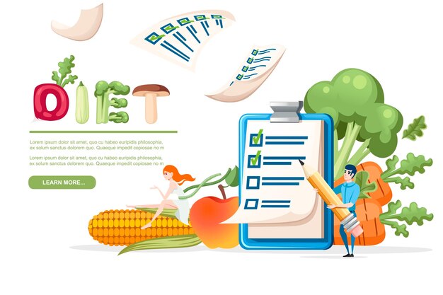 Vector clipboard with checklist and man holding the pencil diet concept with vegetables vector