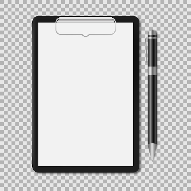 Vector clipboard with an empty sheet of paper and penvector illustration isolated on white background