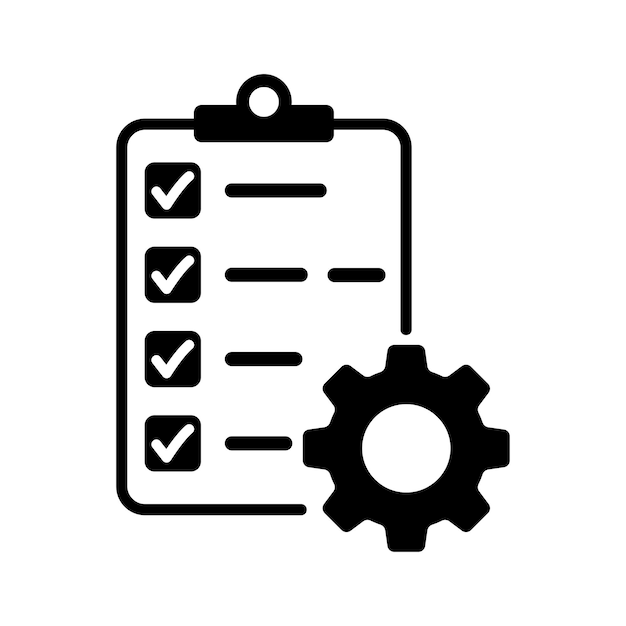 Vettore clipboard con icona di marcia isolata icona di lista di controllo di supporto tecnico concetto di icona piatta di gestione sviluppo software eps 10
