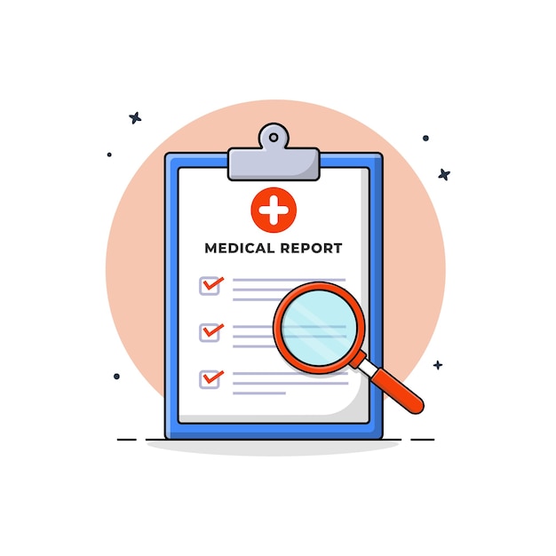 clipboard with medical report and magnifying glass vector illustration medical report analysis
