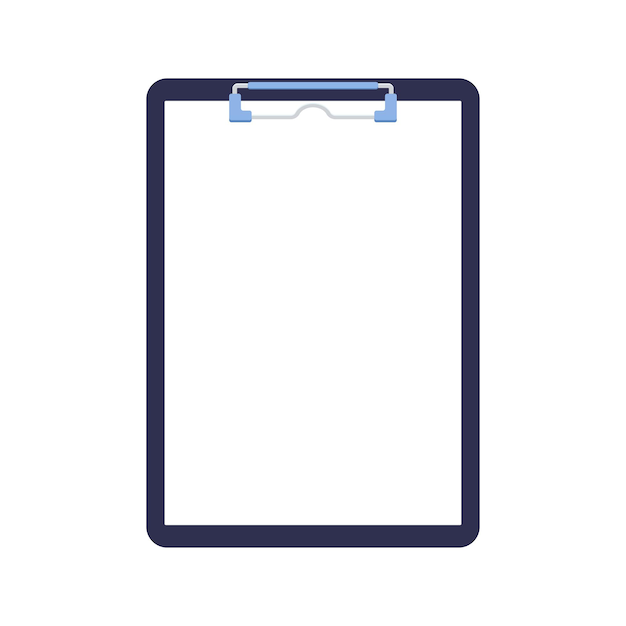 Vector clipboard with paper sheet blank and blinder clip isolated on white background.