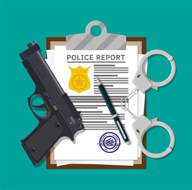 경찰 보고서와 펜 클립 보드. 골드 경찰 배지가있는 보고서 시트.