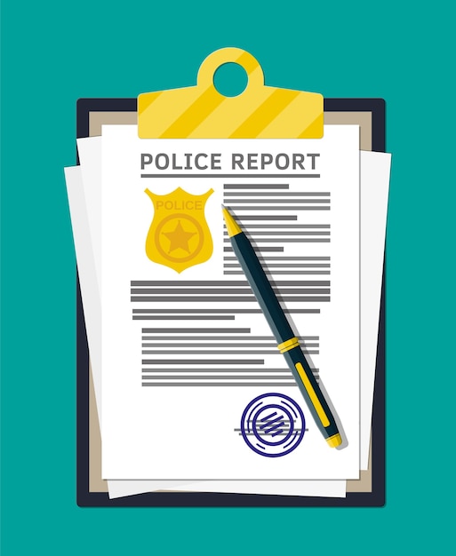 경찰 보고서와 펜 클립 보드. 골드 경찰 스탬프로 보고서 시트. 법률 벌금 문서 및 스탬프가있는 용지 더미