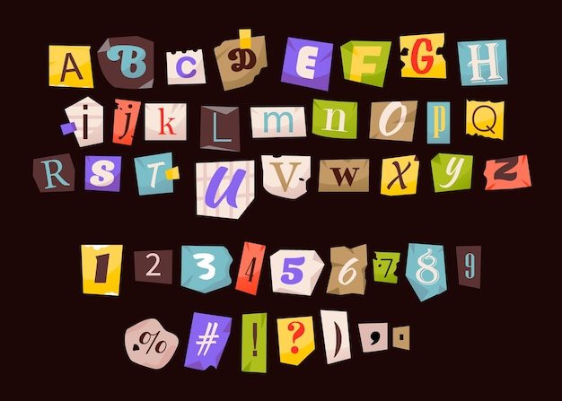 Clipping alphabet and numbers. Anonymous letters cut from magazines. Cut Letters. Vector font