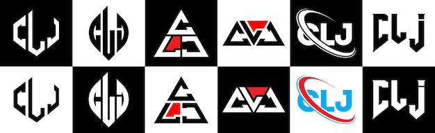 Vettore design del logo della lettera clj in sei stili clj poligono cerchio triangolo esagono stile piatto e semplice con variazione di colore bianco e nero logo della lettera impostato in un artboard clj logo minimalista e classico