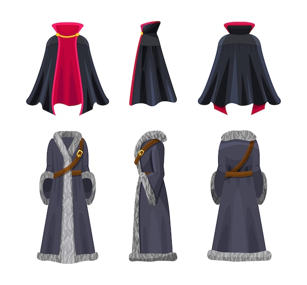 Vettore set costume mantello vista anteriore, posteriore e laterale. accessorio di abbigliamento di personaggi delle fiabe vampiro e re o cavaliere. abbigliamento per halloween o festa a tema decorato con elementi di design vettore piatto