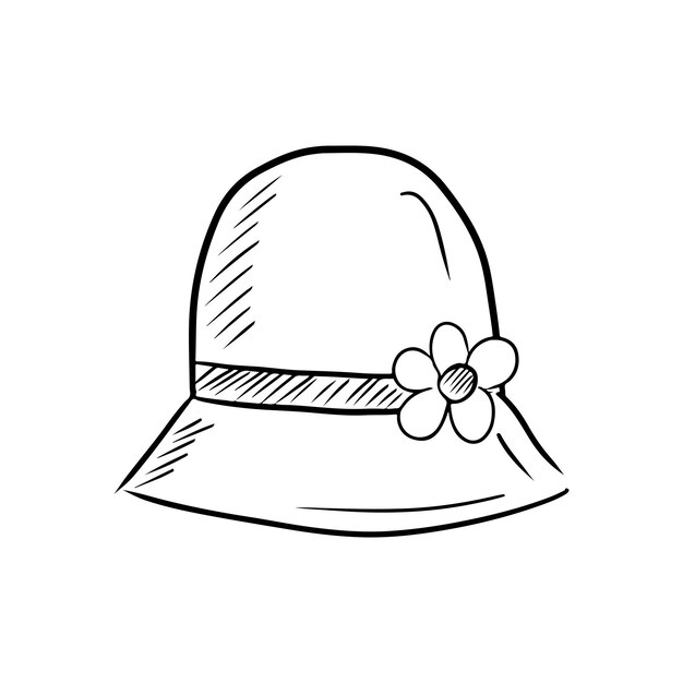 Vettore cappello donna cloche con fiore in nero isolato su sfondo bianco illustrazione di schizzo vettoriale disegnato a mano in stile doodle contorno inciso caldo outwearm accessorio decorazione panama