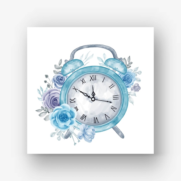 Vector clock alarm flower blue watercolor illustration