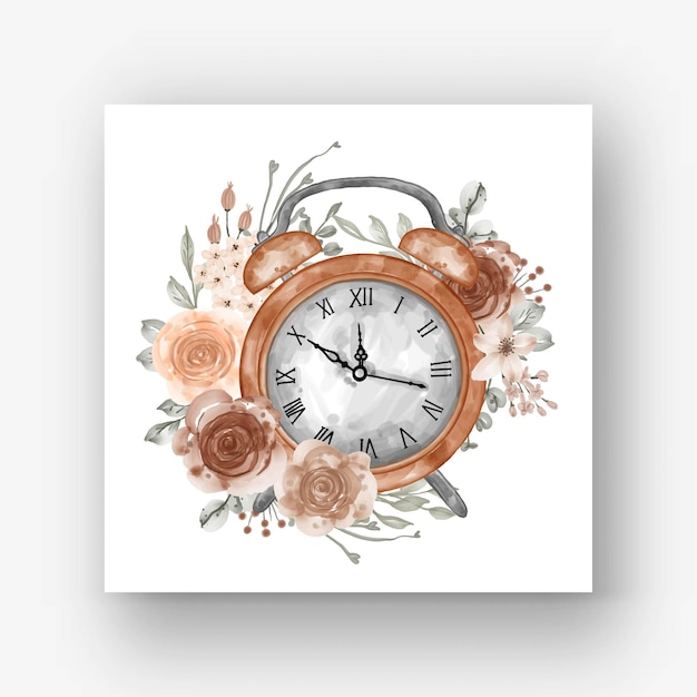 Vector clock alarm flower pastel beige watercolor illustration
