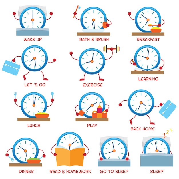 Clock character, kids daily routine, timetable