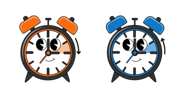 Vector clock characters in 70s cartoon style vector illustration isolated on white background