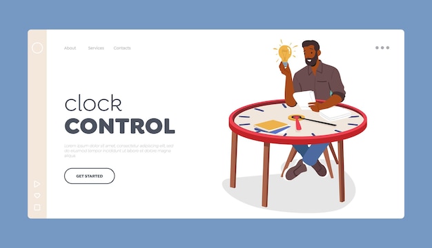 Clock Control Landing Page Template Man Seated At Clock Table Holding Glowing Light Bulb And Paper Productivity