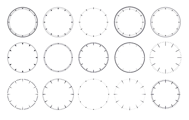 시계 다이얼 화살표와 시간 표시가 있는 숫자가 없는 빈 기계식 시계 얼굴 벡터 세트