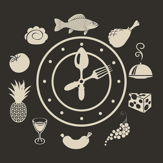 Clock and different dishes menu