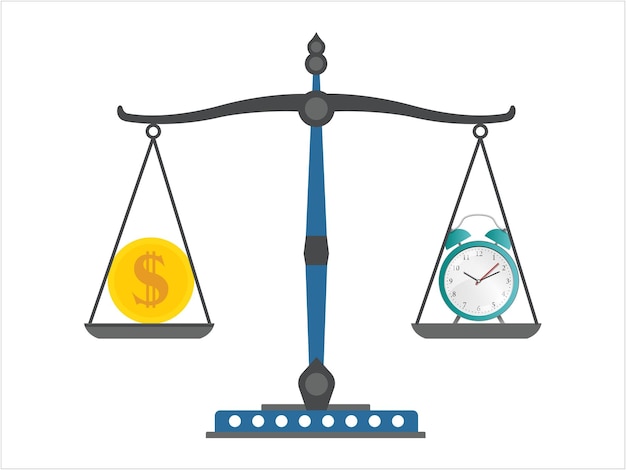 Vector clock and dollar sign coin money on balance scales annual revenue financial investment savings bank