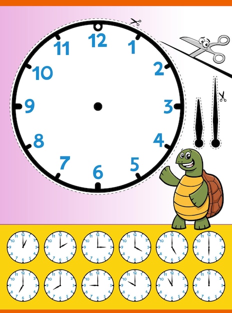 Vector clock face cartoon educational worksheet for kids