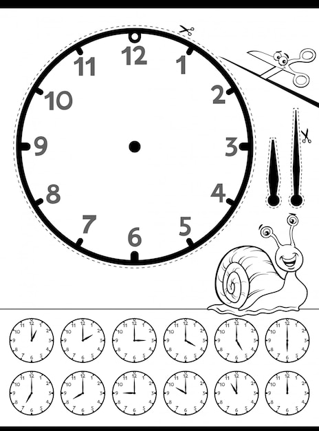 Vector clock face educational worksheet for kids