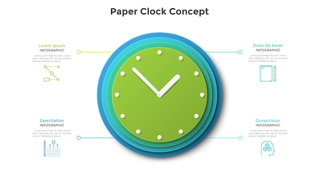 Quadrante di orologio composto da quattro elementi circolari in carta sovrapposti. concetto di 4 caratteristiche di pianificazione e programmazione del tempo efficaci. modello di progettazione infografica creativa. illustrazione vettoriale.