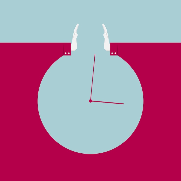 Vector the clock formed by the hand. isolated on blue background.