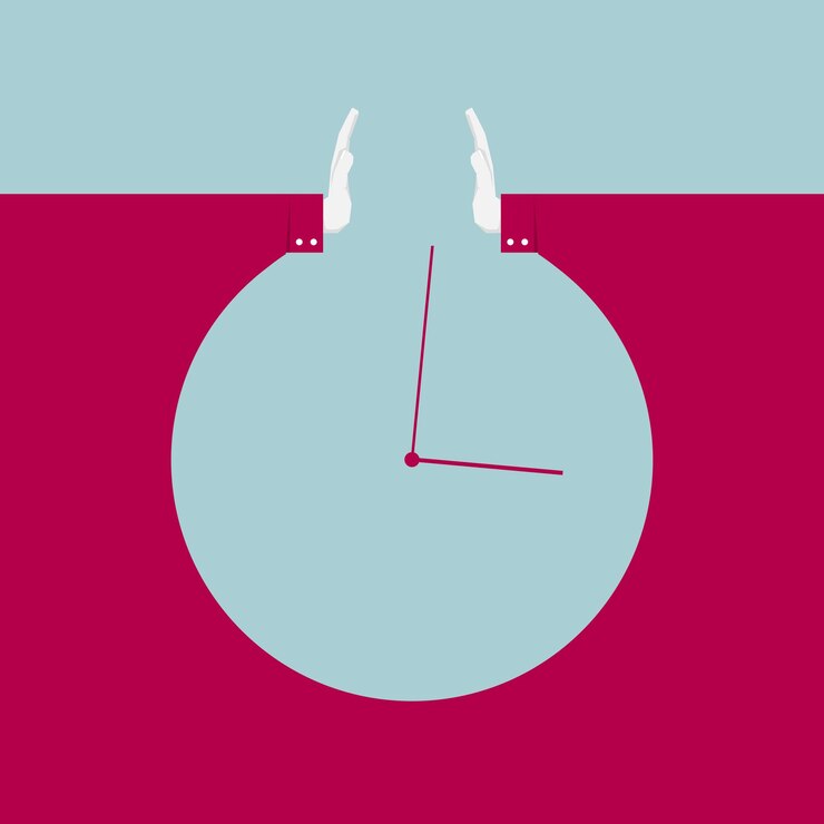 Vector the clock formed by the hand. isolated on blue background.
