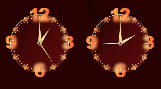 Vector clock glassmorphism effect set 3d style round timer gold clock face and hands for mobile app design business icon modern concept background indication of time vector illustration