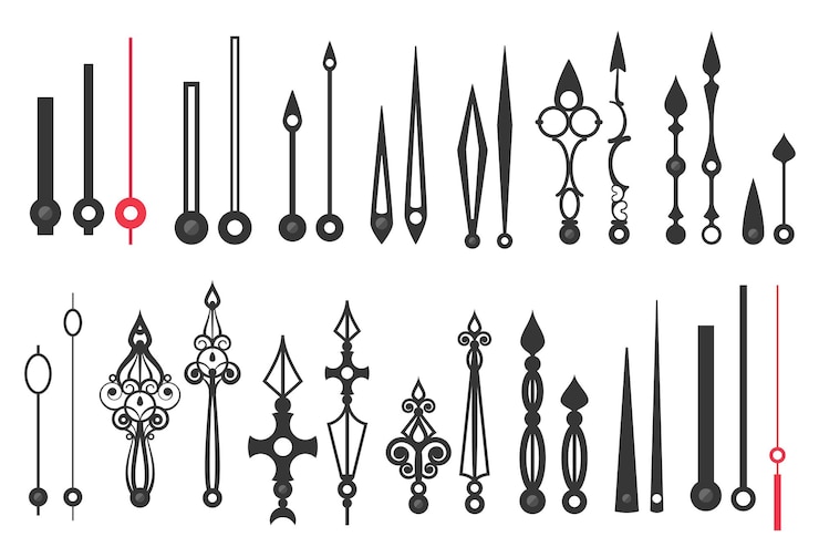 Vector clock hands set black and red line time pointers steampunk minute and hour arms