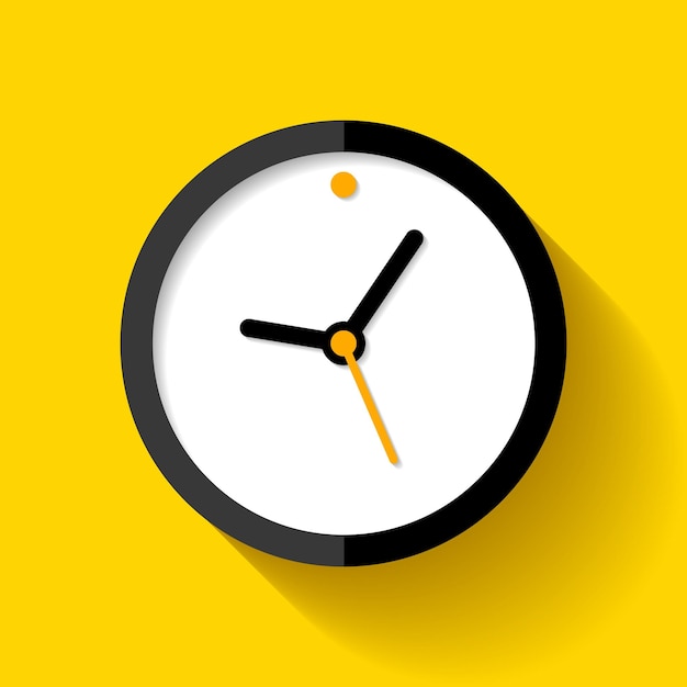 Clock icon in flat style, black timer on yellow background. business watch. vector design element